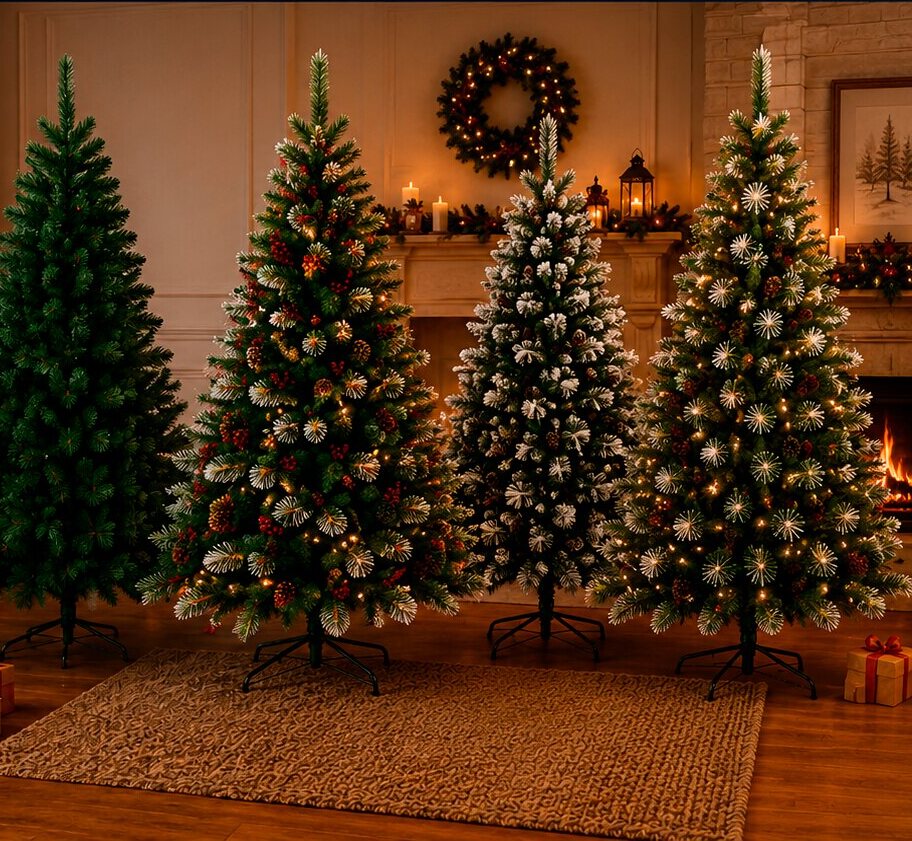 Quatro árvores de Natal Lauben montadas numa sala com lareira acesa